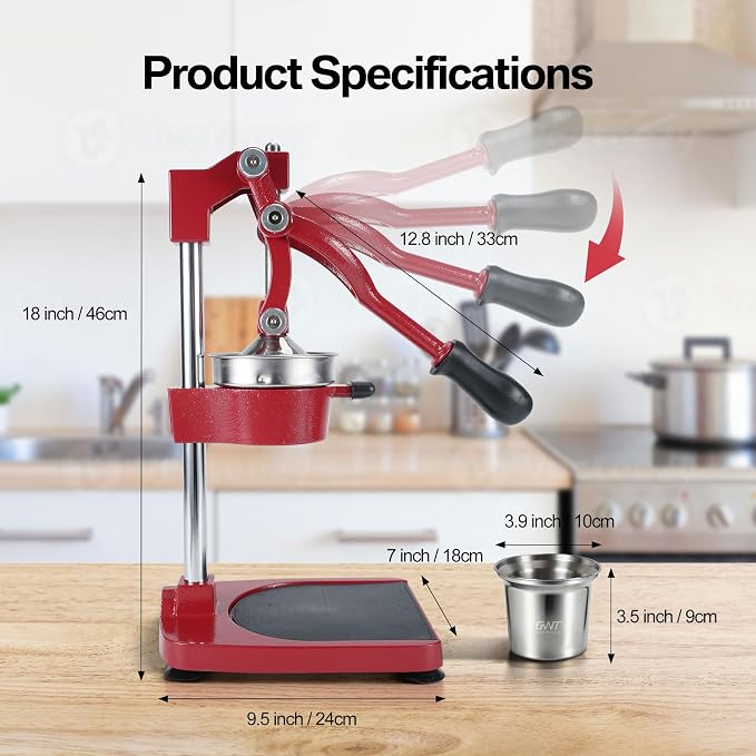 18 Inch Height Commercial Heavy Duty Cast Iron Hand Press Manual Orange Citrus Lemon Lime Grapefruit Pomegranate Fruit Juice Squeezer Machine with Stainless Steel Cup and Durable Base Red - Image 7