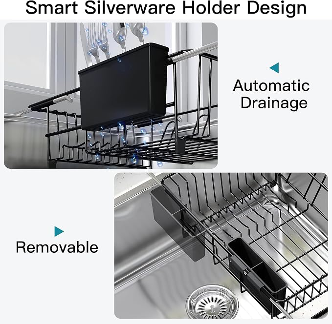 JASIWAY Black Dish Drying Rack in Sink, Dish Drainer with Utensil Holder | Over The Sink Expandable Stainless Steel Strainer Dryer Rack for Small Kitchen, Counter Space Saving, Fast Drain, Rustproof - Image 9
