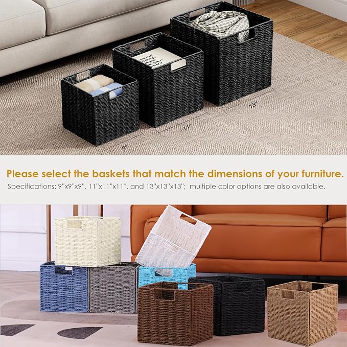 Storage Basket, Set of 2 Hand-Woven Paper Rope Wicker Baskets for Storage, Foldable Cube Storage Bins Organizer, 9 inch Medium Wicker Storage Baskets for Shelves Pantry Organizing Decor, Grey - Image 8