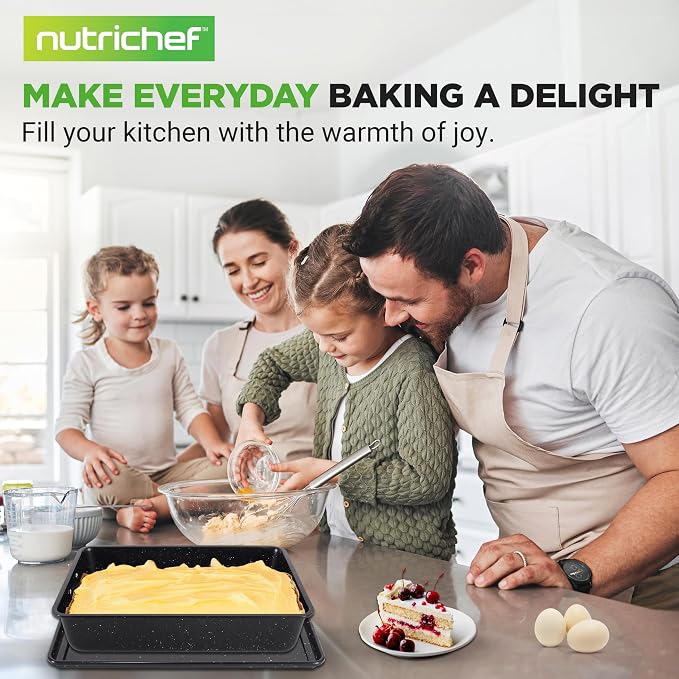 NutriChef 8-Piece Stackable Bakeware Set - Carbon Steel Non-Stick Baking Pan Set, Sheet, Muffin, Round, Loaf, Square Cake & Deep Pans, 450°F Heat Resistant, Standard & Convection Ovens (Black Marble) - Image 7