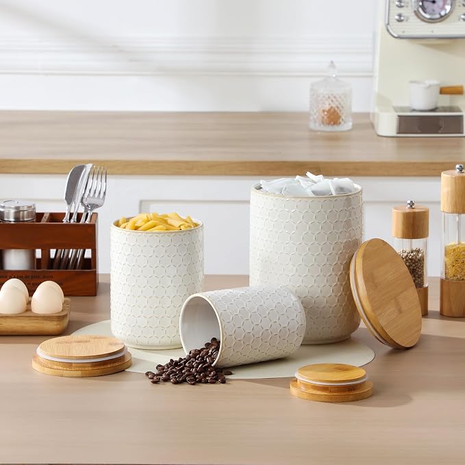 MALACASA LYDIA Ceramic Canisters Set with Airtight Lids, 80/40/20 oz Coffee Canisters Sets for the Kitchen, Large Jars for Flour, Sugar, Pasta, Coffee, Cookies, Tea - Set of 3, Hexagon - Image 7