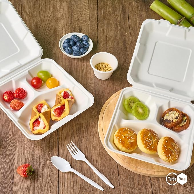 Turbo Bee 100 Pack 8x8inch White 3 Compartment Take Out Containers with Lids, Disposable Clamshell Meal Prep Containers, Divided Lunch Boxes for Catering, Restaurant & Meal Prep - Image 8