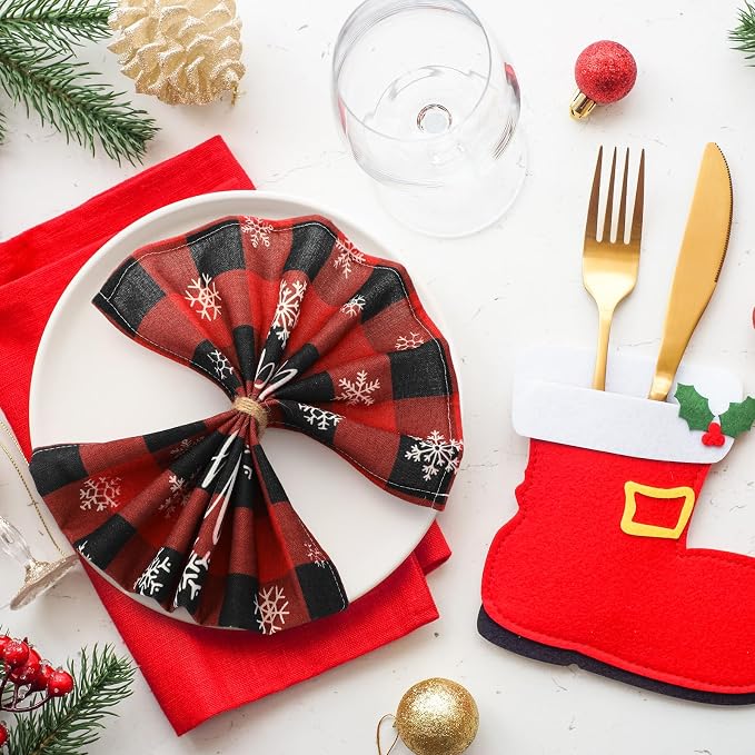 Funnymoom 24 Pcs Christmas Plaid Cloth Napkins Buffalo Gingham 15 x 15 Inches Snowflakes Black and Red Checked Cotton Dinner Napkins Soft Absorbent Washable for Holiday Winter Xmas Party - Image 7
