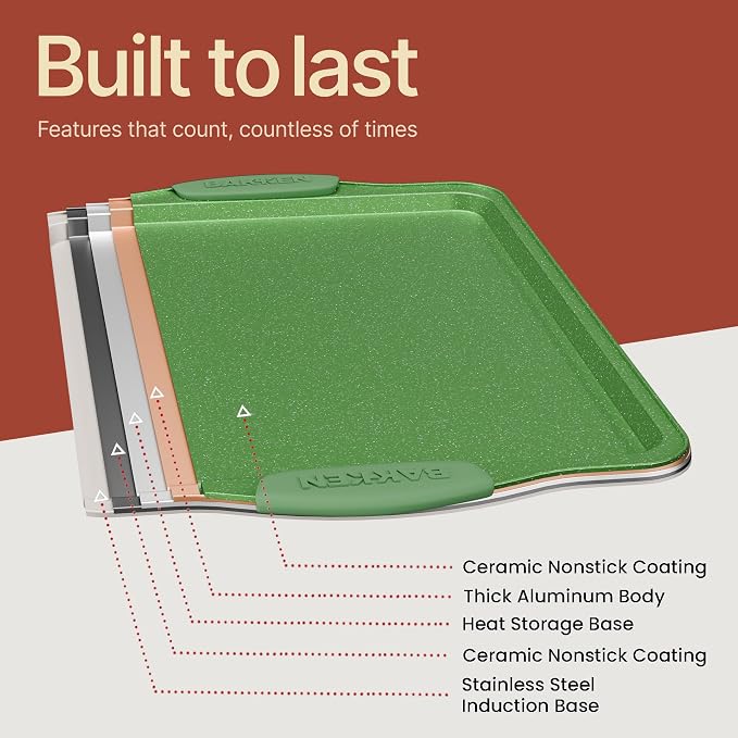 BAKKEN Kitchen Baking Pan Set - Nonstick Green Marble Coating, Carbon Steel Bakeware Sets with Green Silicone Handles, Kitchen Essentials, PFOA, PFOS, PTFE Free, Oven Safe (Up To 450° F), Set of 10 - Image 9