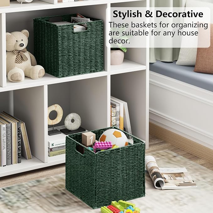Wicker Storage Basket, Set of 2 Hand-Woven Paper Rope Wicker Basket, Foldable Cube Storage Bins, Square Large Storage Baskets for Organizing Shelves & Decor, Orange (13″×13″×13″) - Image 9