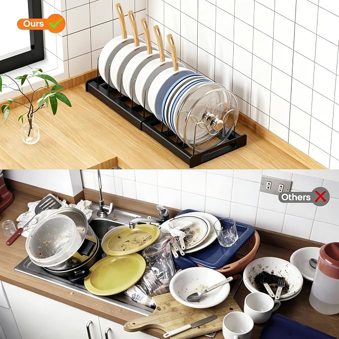 Nigelia 2 Pack Pots and Pans Organizer for Under Cabinet, 22" Expandable Food Storage Container Lid Organizers with 10 Adjustable Dividers Pot Lid Holders Rack Inside Cabinet&Kitchen Countertop(Black) - Image 6