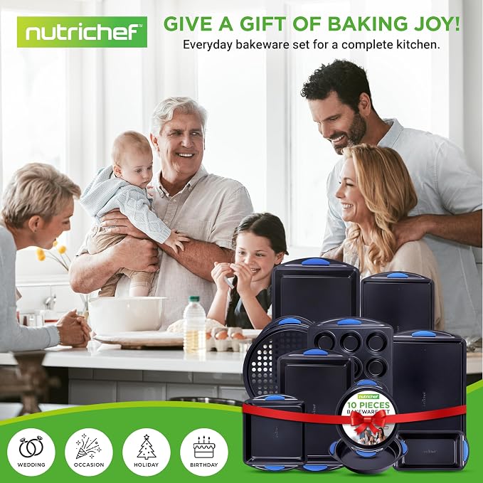 NutriChef 10-Piece Nonstick Bakeware Set - Heavy Duty Carbon Steel Baking Trays w/Silicone Handles - Includes Cookie Sheets, 12-Cup Muffin Pan, Pizza & Loaf Pan, Round & Square Pans - Easy to Clean - Image 7