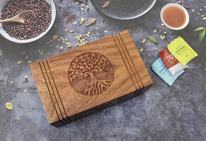 Wooden Tea Box - Tea Box for Tea Bags Organiser - Engraved Hardwood Tea Chest with 6 Compartments - Tea Storage Box Multi Functional - Wood Tea Box Organiser - 10 x6 inch (6 compartment box) - Image 9