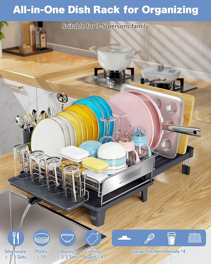 Expandable Dish Drying Rack, Dish Racks for Kitchen Counter, Stainless Steel 304, Flip-Top Retractable Plate, Multi-Directional Adjustable Dish Rack, Space Saving Large Drying Rack Kitchen, Gray - Image 8