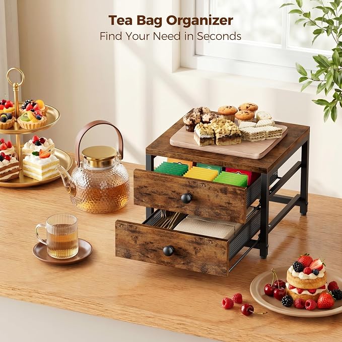 Plaviya Wood Tea Bag Organizer with 2 Drawers for Countertop | Tea Bag Holder and Storage, 9 Compartments, Utility, Home, Kitchen, Office, Rustic Brown - Image 8