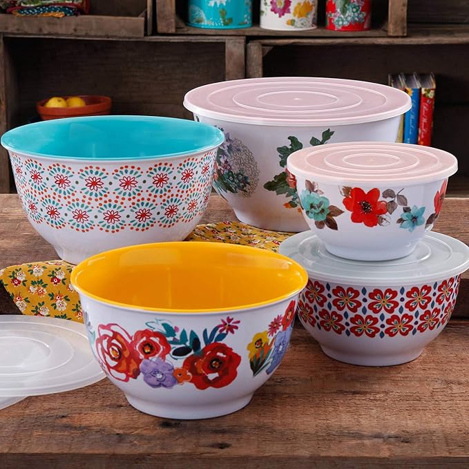 The Pioneer Woman 10-Piece Nesting Mixing Serving Bowl Set features Unique Vibrant Colors - Image 2