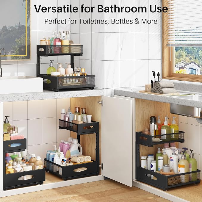 Under Sink Organizer, 2 Pack 2 Tier Pull Out Under Cabinet Organizer Shelf with Pad for Framed Cabinets, Metal Slide Out Under Sink Storage, Mesh Sliding Drawers for Kitchen Bathroom Laundry, Black - Image 9