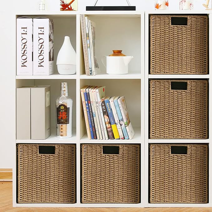 Wicker Baskets, Set of 2 Hand-Woven Storage Baskets for Shelves with Handles, Foldable Cube Wicker Storage Basket Bins Organizer 13 Inches Large Woven Baskets for Storage Organizing & Decor - Image 7