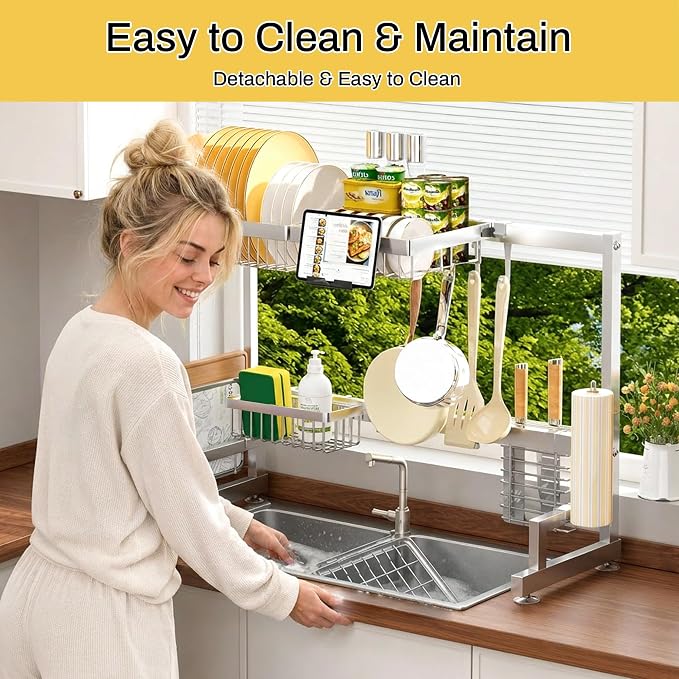 ADBIU Luxurious 304 Stainless Steel Over Sink Dish Drying Rack (Suitable for Sink Length 24.6"- 36.2") Snap-On Design 2 Tier Large Kitchen Dish Rack Stainless Steel Counter Organization and Storage - Image 7