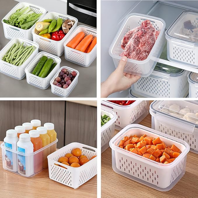 3Pack Fridge Food Storage Container Set with Lids with Strainer,Plastic Fresh Produce Saver Vegetable Fruit Meat Storage Organization, BPA-Free Plastic Produce Keepers(3.15L+1.7L+0.8L) - Image 6