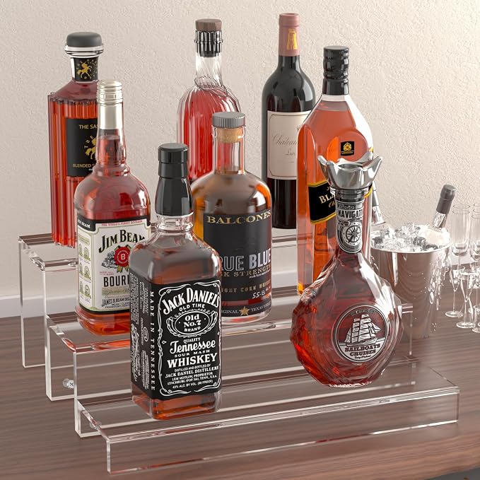 JUESHA 2 Pack Tiers Bar Shelves for Liquor Bottles (Patent: D1076520S) | 15" Clear Acrylic Risers Display Racks Stands for Figures Pops Cupcake Perfume Collections (Clear) - Image 8