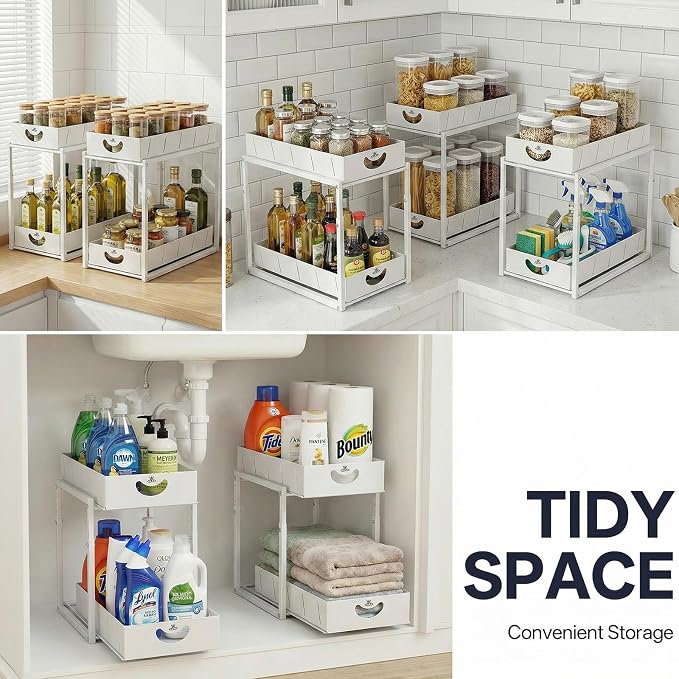 Adjustable Under Sink Organizer, 2 Tier Under Sink Organizers and Storage,Slide Out Metal Cabinet Organizers, Pull Out Cabinet Storage Drawer Shelf for Kitchen Bathroom (1, white) - Image 7