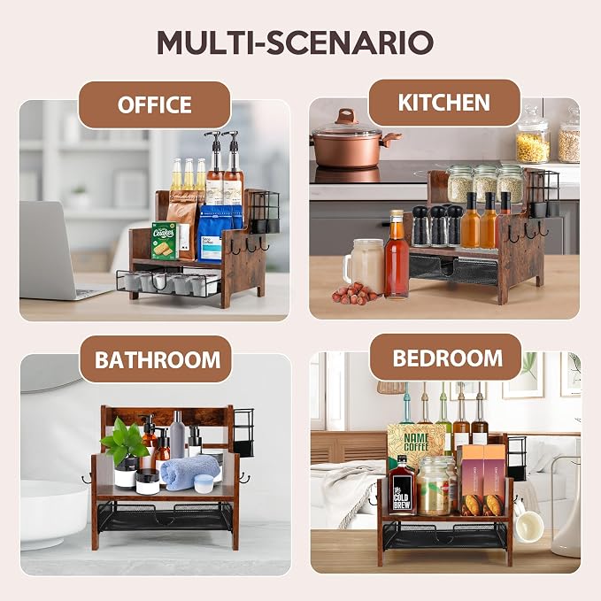 3-Tier Coffee Station Organizer for Countertop, Wood Coffee Bar Organizer with Drawer, Rustic Coffee and Tea Condiment Organizer, K-Cups Coffee Corner Organizer with 6 Hooks for Coffee Bar Accessories - Image 7