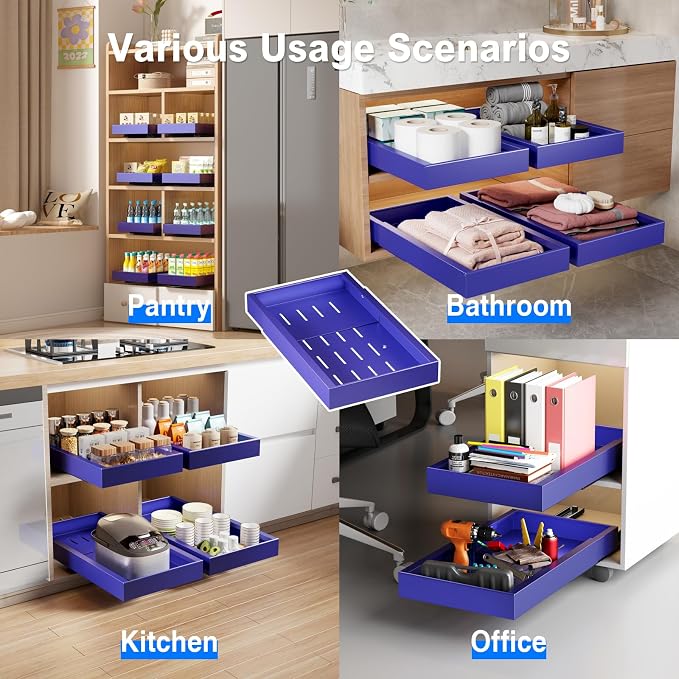 Mustorn 2 Pack Pull Out Cabinet Organizer,21.8" Deep Slide Out Drawer for Cabinets Adhesive Pull Out Drawers Heavy Duty Pull Out Shelves for Kitchen,Cupboard,Pantry,Bathroom-Blue - Image 6