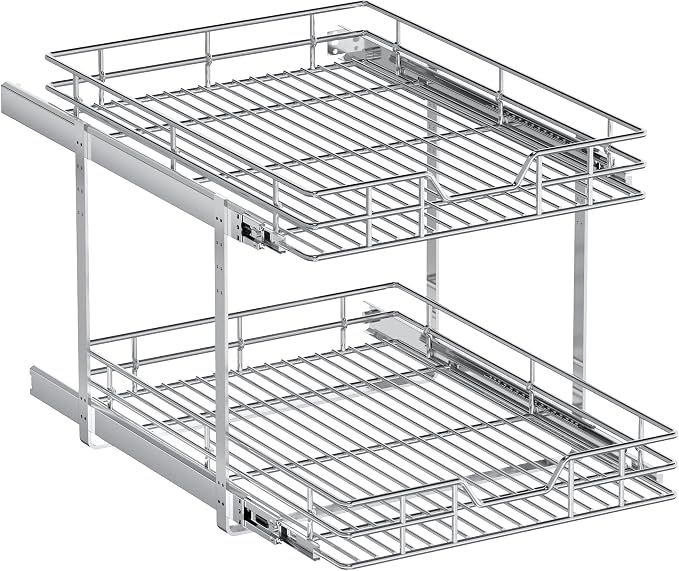 2-Tier Pull Out Cabinet Organizer, 16.5" W x 21.5" D, Heavy Duty Dual Slide Out Shelves for Base Cabinets, Chrome Wire Basket Drawer for Pantry, Kitchen & Bathroom Storage - Image 9