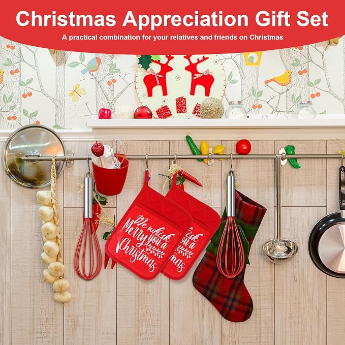 LemonRoad 12 Sets Christmas Whisk Baking Gift Set Xmas Silicone Whisks Oven Mitt Pot Holder Greeting Cards Ribbon Bags for Holiday Kitchen Utensils Cooking Supplies Neighbor Gift(Classic,Red) - Image 7