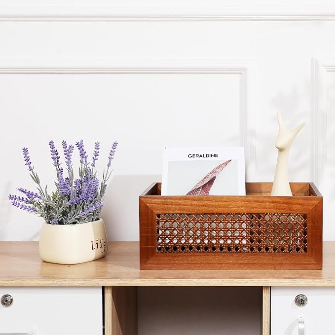 Rattan Wooden Box Set of 2 Handmade Decorative Storage Basket with Handles | Natural Bamboo Woven Storage Basket Rustic Farmhouse Decor Home Office Tabletop Shelf Drawer Closet Desk Organizer, Brown - Image 9