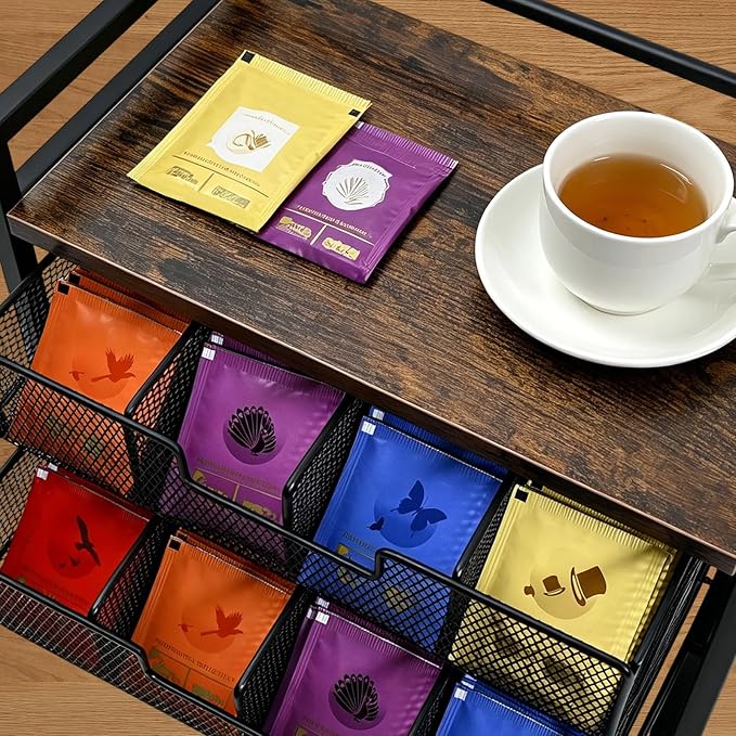 Double Drawer Tea Bag Organizer with 16 Compartments Tea Box | wood and metal frame,Smooth sliding drawers, compact for counter/desk, natural wood finish, for kitchen office coffee station - Image 7