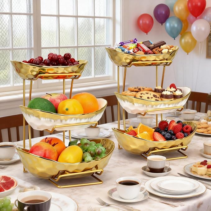 3 Tier Ceramic Fruit Bowl for Kitchen Counter,Fruit Basket with Metal Stand | Serving Tray for Snacks Nuts Cakes Desserts Bread Candy Vegetable,Decorative Storage for Party Wedding Home - Image 7