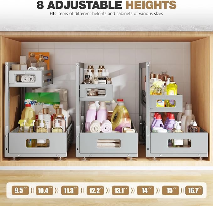 2 Pack 17IN-Depth Under Sink Organizer,Pull Out Cabinet Organizer With Smooth Cylindrical Rail,Metal Slide Out Drawer for Kitchen Bathroom Laundry,8-Level Tool Free Height Adjustable-Gun Gray - Image 8