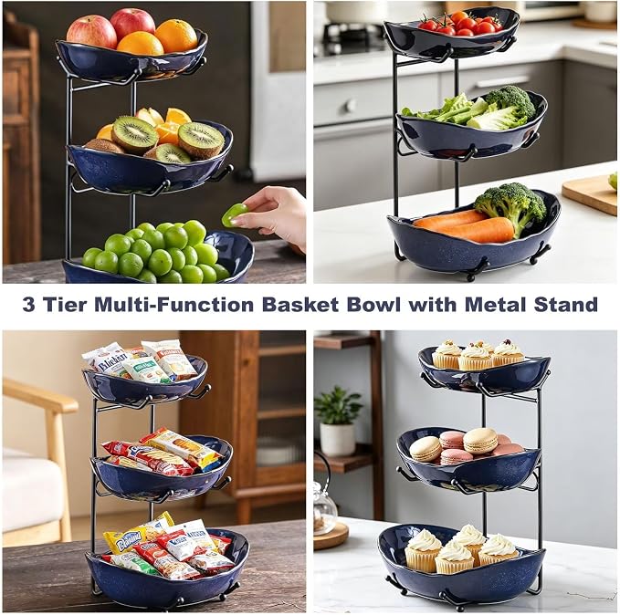 3 Tier Ceramic Fruit Bowl for Kitchen Counter | Tiered Fruit Basket for Countertop, Serving Tray for Food, Vegetable, Cake, Dessert in Party(Dark Blue) - Image 7