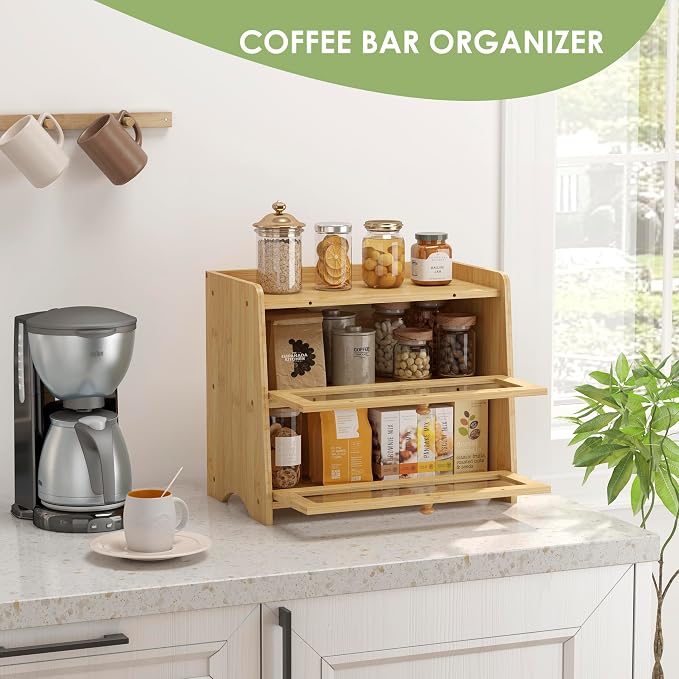 Double Layer Bread Box Container for Kitchen Countertop Homemade Bread | Large Breadbox Storage Wooden Farmhouse Bread Holder (Bamboo, Medim-15.7" L x 9.5" W x 13" H) - Image 7