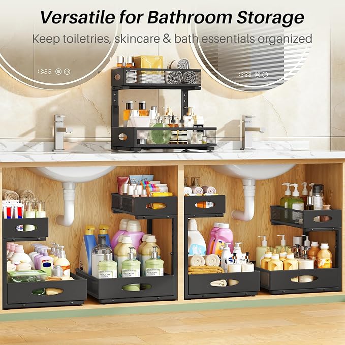 Under Sink Organizer, 2-Pack Pull Out Cabinet Organizer 2 Tier Metal Slide Out Storage Shelf Rack, L-Shaped Adjustable Height,Mesh Sliding Drawer for Kitchen, Bathroom, Laundry, Pantry, Black, XL - Image 9