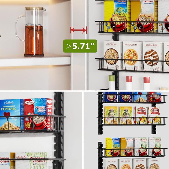 Churboro 6 Tier Over Door Pantry Organizer, 2-in-1 Adjustable Spice Rack | Metal Pantry Door Organizers and Storage, Hanging or Wall Mount Shelves with 9 Adjustable Baskets, 3 Safety Bars, Black - Image 6