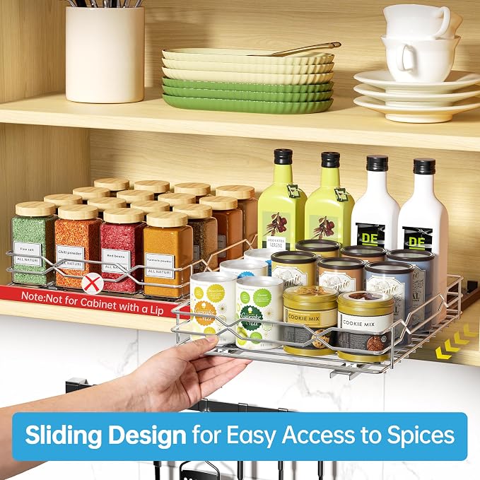 BOIVSHI Pull Out Spice Rack, Chrome, 8.5”W x 10.5”D x 2.3”H | 1 Tier, Spice Organizer, Vertical Spice Rack, Metal Material, Heavy Duty, No Assembly Required, For Cabinet, Kitchen, Pantry - Image 9