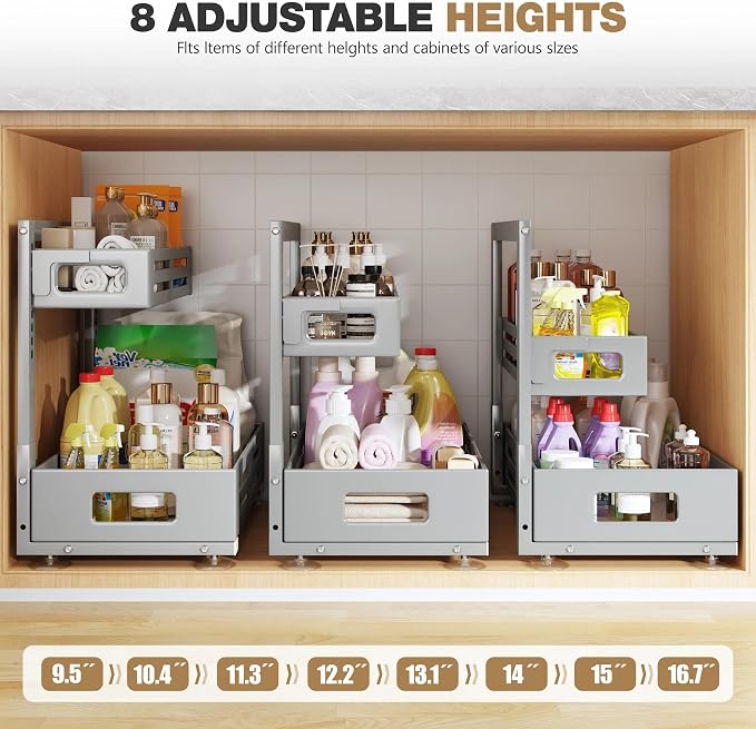 2 Pack 19IN-Depth Under Sink Organizer,Pull Out Cabinet Organizer With Smooth Cylindrical Rail,Metal Slide Out Drawer for Kitchen Bathroom Laundry,8-Level Tool Free Height Adjustable-Gun Gray - Image 8