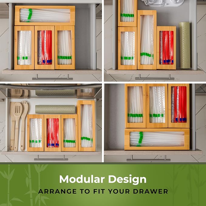 Bamboo Storage Bag Organizer for Drawer, 4 Blocks – Plastic Bag Organizer | Modular Kitchen Organization, Quick Refill – Fits Gallon, Quart, Sandwich & Snack Size Bags - Image 7