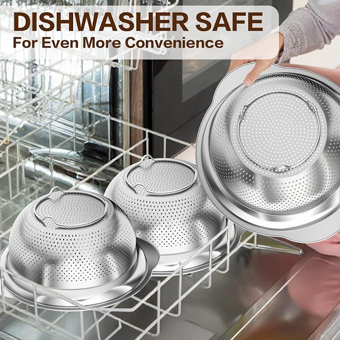 Large Strainers and Colanders, Big Stainless Steel Colanders for Kitchen, Stainless Steel Strainer Set of 3 (7 QT, 6 QT, 5 QT) for Draing Pasta Spaghetti Fruit Vegetable - Image 8