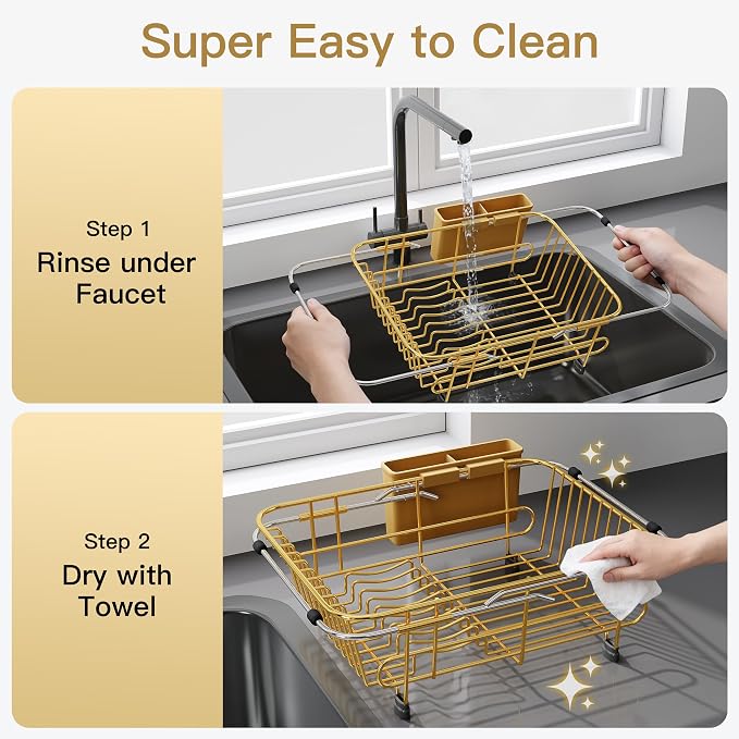 JASIWAY Gold Dish Drying Rack in Sink with Utensil Holder, RV, Apartment | Over Sink Expandable Stainless Steel Dish Drainers for Compact Kitchen, Space Saving, Fast Drain, Rustproof, For 1-2 people - Image 9