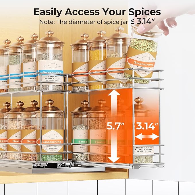 Mystozer Pull Out Spice Rack Organizer for Cabinet, Slide Out Spice Racks, Easy to Install, 7.08" Wx10.43 Dx8.26 H, 2 Drawers 2 Tiers(Silver) - Image 8
