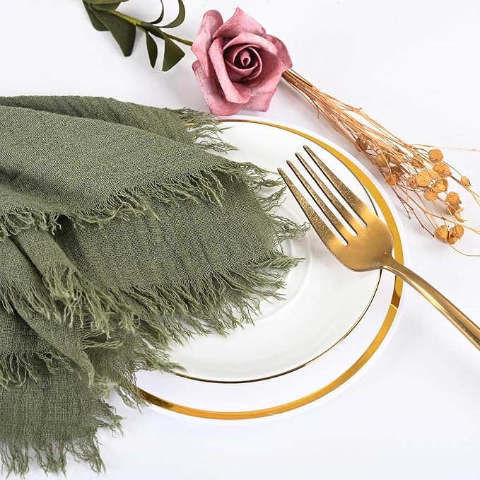 36 Pack Olive Green Cloth Napkins, 16 x 16 Inch Cotton with Fringe Settings | Handmade washable reusable cotton dinner napkins in bulk for weddings, parties, rustic boho table settings - Image 9