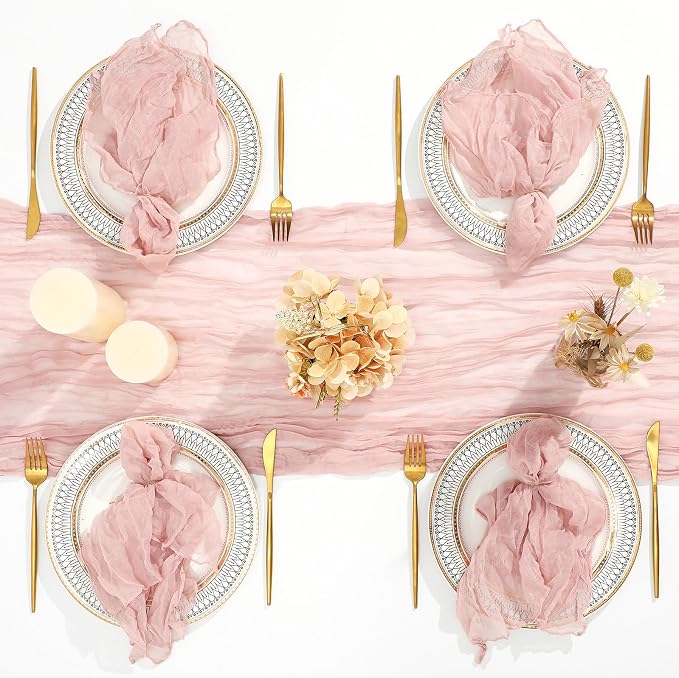 4 Cheesecloth Table Runners and 48 Napkins Set, 10Ft Boho Cheese Cloth Table Runners 20 x 20 Inch Rustic Wrinkled Gauze Napkins for Wedding Birthday Baby Shower Party Decor (Dusty Pink) - Image 7