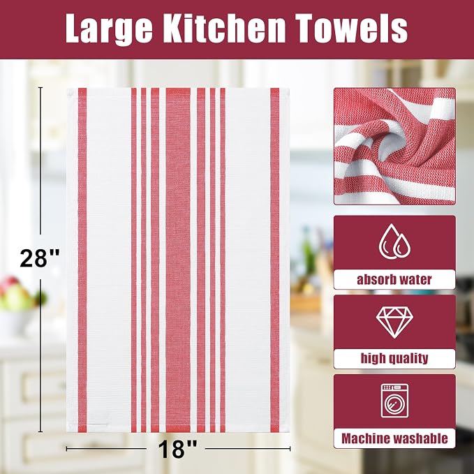 Homaxy Premium Cotton Stripe Kitchen Towels 3 Pack, 18"x 28", Red | Large 380 GSM Kitchen Hand Towels, Soft Terry Dish Towels, Highly Absorbent Tea Towel Set with Hanging Loop - Image 8