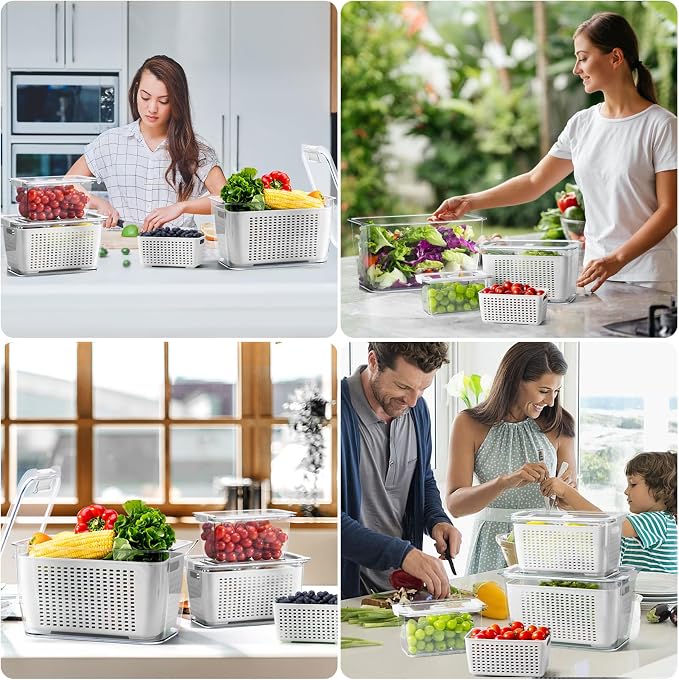 LUXEAR 4 Pack Fruit Vegetable Containers for Fridge, Produce Saver Container with Lids &Removable Colander BPA-free Refrigerator Storage Organizer for Fruit Vegetable, Berry, Meat keep Fresh Longer - Image 9