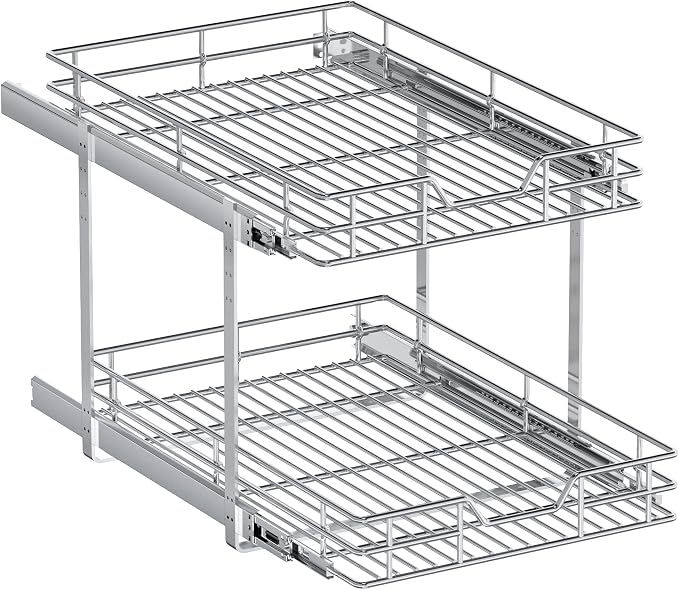 2-Tier Pull Out Cabinet Organizer, 15.5" W x 21.5" D, Heavy Duty Dual Slide Out Shelves for Base Cabinets, Chrome Wire Basket Drawer for Pantry, Kitchen & Bathroom Storage - Image 9