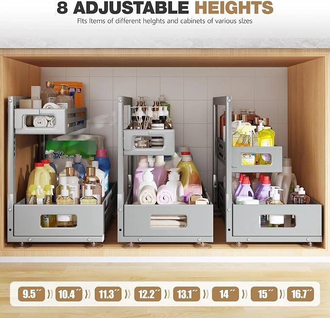 2 Pack 21IN-Depth Under Sink Organizer,Pull Out Cabinet Organizer With Smooth Cylindrical Rail,Metal Slide Out Drawer for Kitchen Bathroom Laundry,8-Level Tool Free Height Adjustable-Gun Gray - Image 8