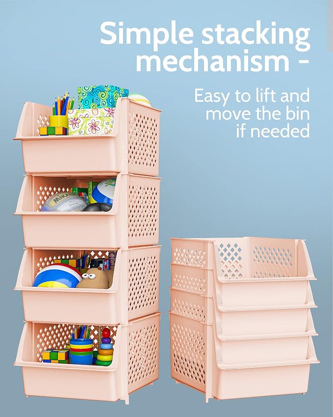 Skywin Stackable Storage Bins Open Front for Pantry Storage, 4 Pack - Cream | Sturdy Plastic, Easy Stacking, Open Front Access, Ventilated Sides, Vertical & Space Saving Pantry Organizers and Storage Bin - Image 8