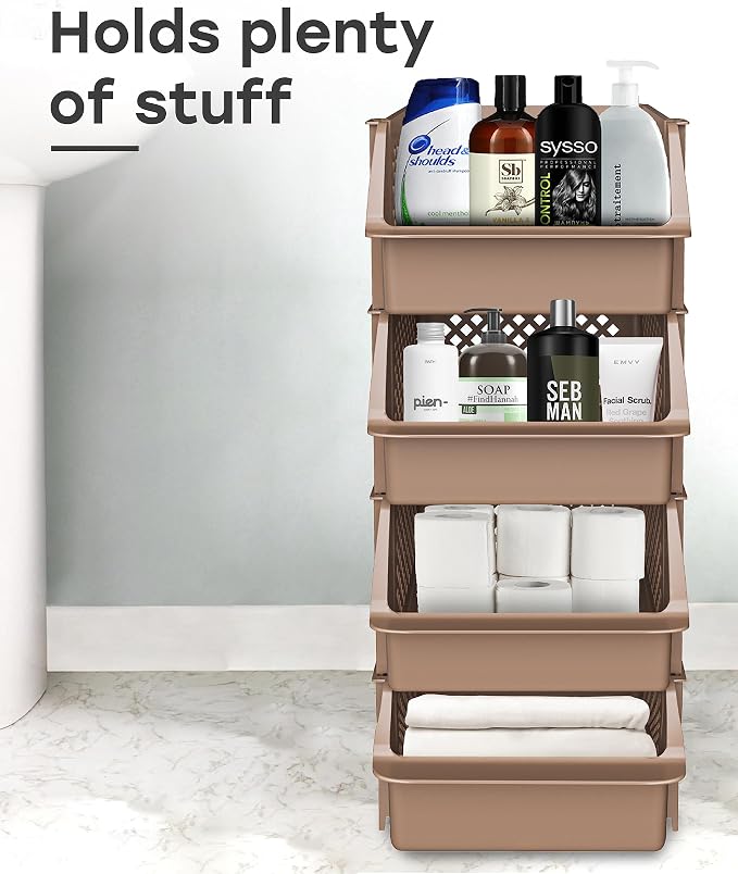 TidyFriend Plastic Stackable Storage Bins for Pantry, 4 Pack Stackable Bins For Organizing Food, Kitchen, and Bathroom Essentials (Brown) | Sturdy Plastic, Easy Stacking, Open Front Access, Ventilated Sides, Vertical & Space Saving Pantry Organizers an... - Image 7