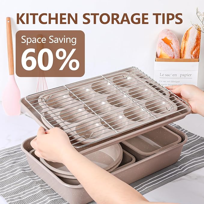 Vinino 8-Piece Baking Pans Set Nonstick, Bakeware Set includes Silicone Muffin, Loaf, Cake Pans with Metal Reinforced Frame, and Carbon Steel Roasting Pan, Cookie Sheet, Cooling rack for Oven - Image 9