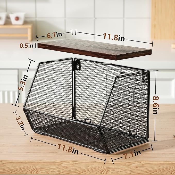 3-Pack Stackable Wire Basket with Wood Lid - Wall Mounted Fruit & Vegetable Bowl for Kitchen, Potato & Onion Storage - Image 6