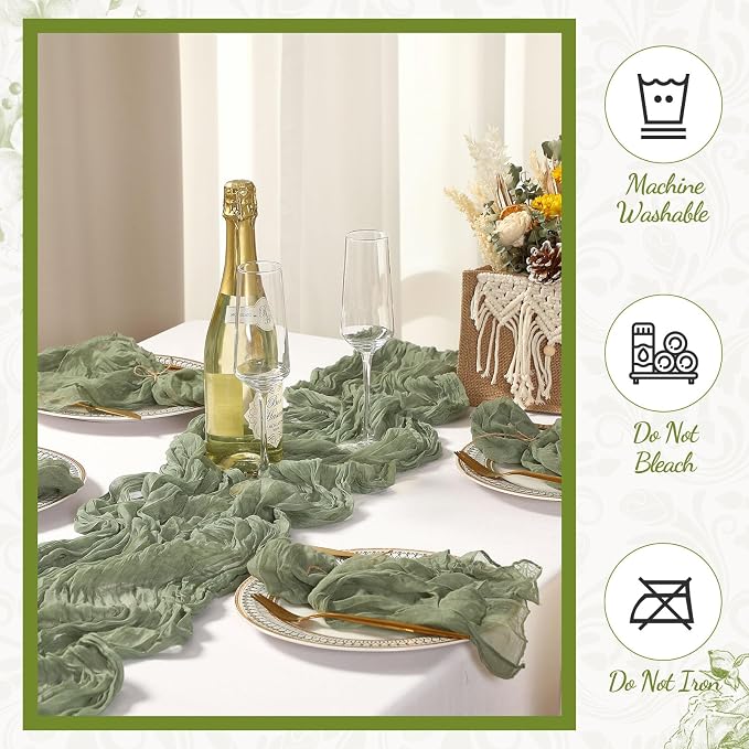 2 Cheesecloth Table Runners and 24 Napkins Set, 10Ft Boho Cheese Cloth Table Runners 20 x 20 Inch Rustic Wrinkled Gauze Napkins for Wedding Birthday Baby Shower Party Decor (Red, Sage Green) - Image 6
